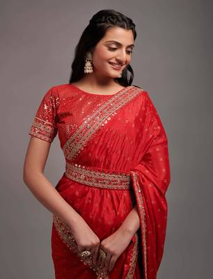 Red Colour Traditional Bandhej Print Embroidered Border Saree With Belt 3