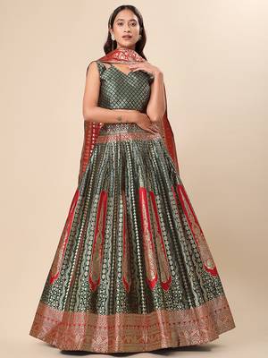 Dark Green Colour Jacquard Fabric Weaving Lehenga Choli 1