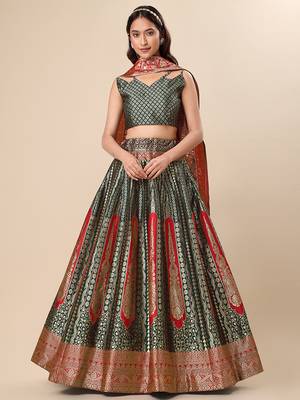 Dark Green Colour Jacquard Fabric Weaving Lehenga Choli 2
