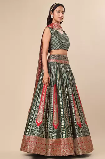 Dark Green Colour Jacquard Fabric Weaving Lehenga Choli