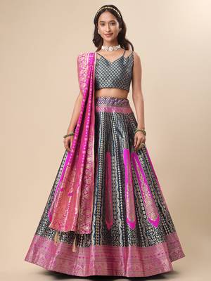 Teal Colour Jacquard Fabric Weaving Lehenga Choli 1