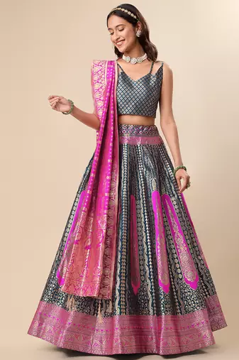 Teal Colour Jacquard Fabric Weaving Lehenga Choli