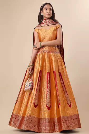 Orange Colour Jacquard Fabric Weaving Lehenga Choli