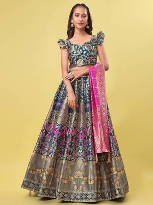 Teal blue Colour Jacquard Fabric Weaving Lehenga Choli 1