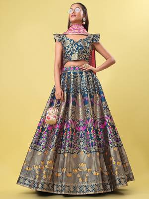 Teal blue Colour Jacquard Fabric Weaving Lehenga Choli 2