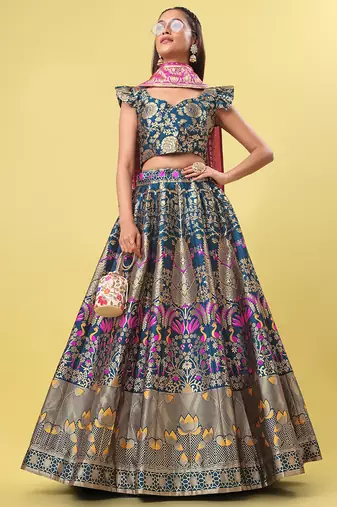 Teal blue Colour Jacquard Fabric Weaving Lehenga Choli