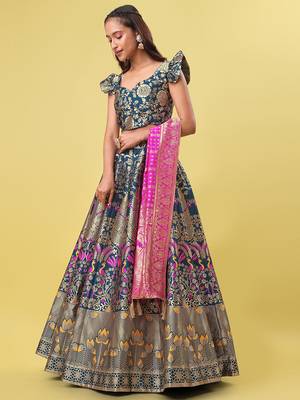 Teal blue Colour Jacquard Fabric Weaving Lehenga Choli 3