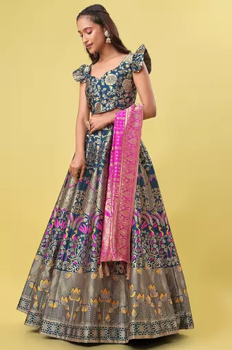 Teal blue Colour Jacquard Fabric Weaving Lehenga Choli