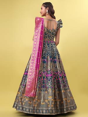 Teal blue Colour Jacquard Fabric Weaving Lehenga Choli 4