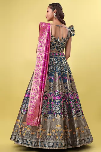 Teal blue Colour Jacquard Fabric Weaving Lehenga Choli