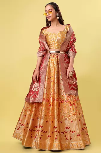 Orange Colour Jacquard Fabric Weaving Lehenga Choli