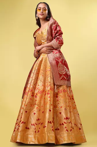 Orange Colour Jacquard Fabric Weaving Lehenga Choli