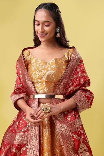 Orange Colour Jacquard Fabric Weaving Lehenga Choli