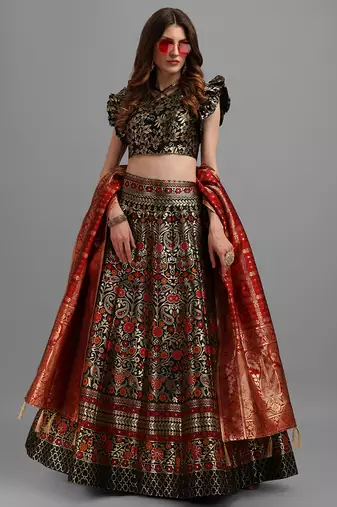 Black Colour Jacquard Fabric Weaving Lehenga Choli