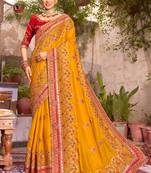 Heavy Designer Zari Embroidery Work Yellow Colour Partywear Saree