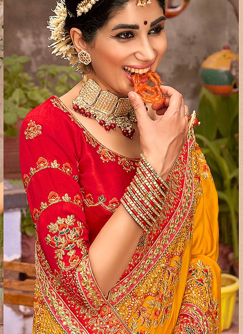 Heavy Designer Zari Embroidery Work Yellow Colour Partywear Saree