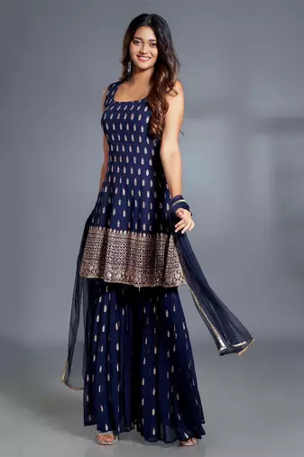 NAVY BLUE SHARARA SET AND MATCHING KURTA TOP WITH GOLD BUTIS, EMBROIDERED AND A MATCHING DUPATTA.