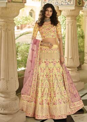 YELLOW SEQUINS SWAROVSKI ZARKAN & ZARI EMBROIDERED ART SILK FESTIVE BRIDAL WEDDING & PARTY WEAR SEMI STITCHED LEHENGA 1