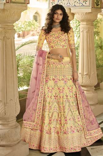 YELLOW SEQUINS SWAROVSKI ZARKAN & ZARI EMBROIDERED ART SILK FESTIVE BRIDAL WEDDING & PARTY WEAR SEMI STITCHED LEHENGA