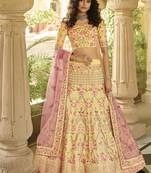 YELLOW SEQUINS SWAROVSKI ZARKAN & ZARI EMBROIDERED ART SILK FESTIVE BRIDAL WEDDING & PARTY WEAR SEMI STITCHED LEHENGA