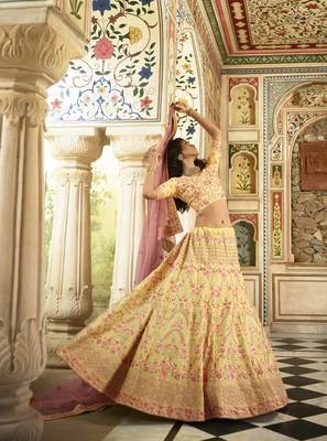 YELLOW SEQUINS SWAROVSKI ZARKAN & ZARI EMBROIDERED ART SILK FESTIVE BRIDAL WEDDING & PARTY WEAR SEMI STITCHED LEHENGA 2