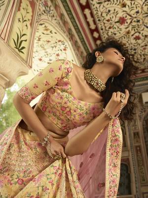 YELLOW SEQUINS SWAROVSKI ZARKAN & ZARI EMBROIDERED ART SILK FESTIVE BRIDAL WEDDING & PARTY WEAR SEMI STITCHED LEHENGA 3