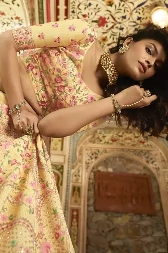 YELLOW SEQUINS SWAROVSKI ZARKAN & ZARI EMBROIDERED ART SILK FESTIVE BRIDAL WEDDING & PARTY WEAR SEMI STITCHED LEHENGA