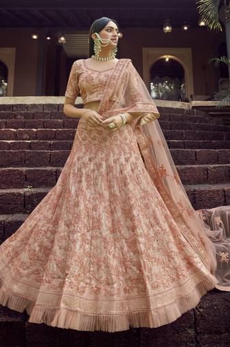 PEACH SEQUINCE & RESHAM EMBROIDERED GEORGETTE FESTIVE BRIDAL WEDDING & PARTY WEAR SEMI STITCHED LEHENGA