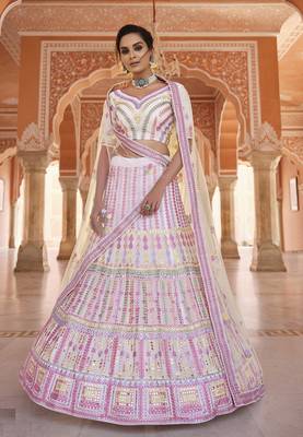WHITE GOTA ZARKAN & THREAD EMBROIDERED ORGANZA FESTIVE BRIDAL WEDDING & PARTY WEAR SEMI STITCHED LEHENGA 1
