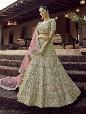GREEN GOTA & RESHAM EMBROIDERED GEORGETTE FESTIVE BRIDAL WEDDING & PARTY WEAR SEMI STITCHED LEHENGA 1