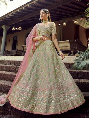GREEN GOTA & RESHAM EMBROIDERED ORGANZA FESTIVE BRIDAL WEDDING & PARTY WEAR SEMI STITCHED LEHENGA 1