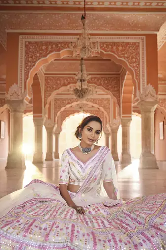 WHITE GOTA ZARKAN & THREAD EMBROIDERED ORGANZA FESTIVE BRIDAL WEDDING & PARTY WEAR SEMI STITCHED LEHENGA