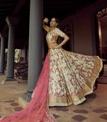 OFF WHITE SEQUINCE SWAROVSKI & RESHAM EMBROIDERED GEORGETTE FESTIVE BRIDAL WEDDING & PARTY WEAR SEMI STITCHED LEHENGA