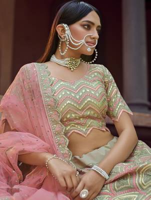 GREEN GOTA & RESHAM EMBROIDERED ORGANZA FESTIVE BRIDAL WEDDING & PARTY WEAR SEMI STITCHED LEHENGA 2
