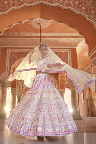 WHITE GOTA ZARKAN & THREAD EMBROIDERED ORGANZA FESTIVE BRIDAL WEDDING & PARTY WEAR SEMI STITCHED LEHENGA