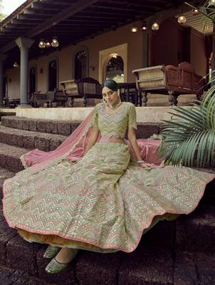 GREEN GOTA & RESHAM EMBROIDERED ORGANZA FESTIVE BRIDAL WEDDING & PARTY WEAR SEMI STITCHED LEHENGA 3