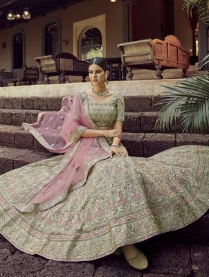 GREEN GOTA & RESHAM EMBROIDERED GEORGETTE FESTIVE BRIDAL WEDDING & PARTY WEAR SEMI STITCHED LEHENGA 4