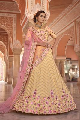 YELLOW ZARI ZARKAN & THREAD EMBROIDERED GEORGETTE FESTIVE BRIDAL WEDDING & PARTY WEAR SEMI STITCHED LEHENGA 1