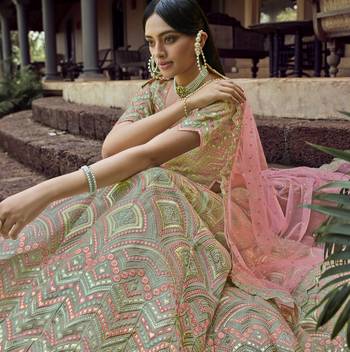 GREEN GOTA & RESHAM EMBROIDERED ORGANZA FESTIVE BRIDAL WEDDING & PARTY WEAR SEMI STITCHED LEHENGA 4