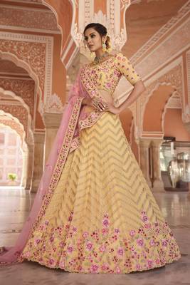 YELLOW ZARI ZARKAN & THREAD EMBROIDERED GEORGETTE FESTIVE BRIDAL WEDDING & PARTY WEAR SEMI STITCHED LEHENGA 2