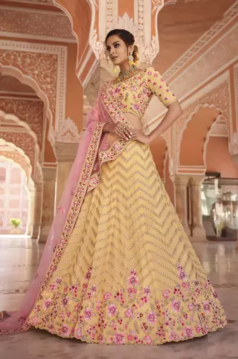 YELLOW ZARI ZARKAN & THREAD EMBROIDERED GEORGETTE FESTIVE BRIDAL WEDDING & PARTY WEAR SEMI STITCHED LEHENGA