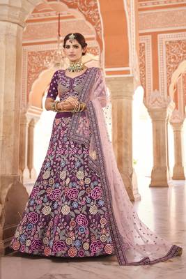 WINE SEQUINS VELVET PASTING ZARKAN & THREAD EMBROIDERED CREPE FESTIVE BRIDAL WEDDING & PARTY WEAR SEMI STITCHED LEHENGA 1