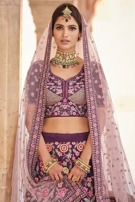 WINE SEQUINS VELVET PASTING ZARKAN & THREAD EMBROIDERED CREPE FESTIVE BRIDAL WEDDING & PARTY WEAR SEMI STITCHED LEHENGA 2