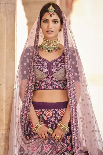 WINE SEQUINS VELVET PASTING ZARKAN & THREAD EMBROIDERED CREPE FESTIVE BRIDAL WEDDING & PARTY WEAR SEMI STITCHED LEHENGA