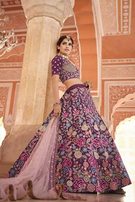 WINE SEQUINS VELVET PASTING ZARKAN & THREAD EMBROIDERED CREPE FESTIVE BRIDAL WEDDING & PARTY WEAR SEMI STITCHED LEHENGA 3