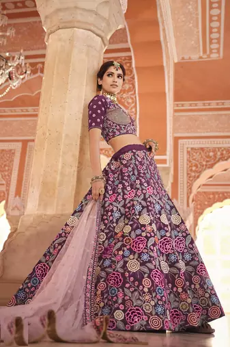 WINE SEQUINS VELVET PASTING ZARKAN & THREAD EMBROIDERED CREPE FESTIVE BRIDAL WEDDING & PARTY WEAR SEMI STITCHED LEHENGA