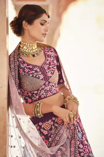 WINE SEQUINS VELVET PASTING ZARKAN & THREAD EMBROIDERED CREPE FESTIVE BRIDAL WEDDING & PARTY WEAR SEMI STITCHED LEHENGA