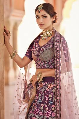 WINE SEQUINS VELVET PASTING ZARKAN & THREAD EMBROIDERED CREPE FESTIVE BRIDAL WEDDING & PARTY WEAR SEMI STITCHED LEHENGA 5