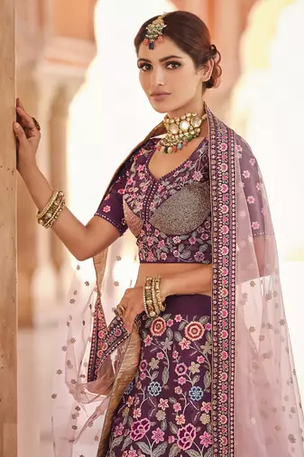 WINE SEQUINS VELVET PASTING ZARKAN & THREAD EMBROIDERED CREPE FESTIVE BRIDAL WEDDING & PARTY WEAR SEMI STITCHED LEHENGA