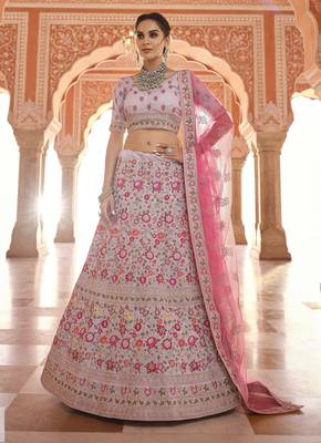 GREY ZARI ZARKAN & THREAD EMBROIDERED CREPE FESTIVE BRIDAL WEDDING & PARTY WEAR SEMI STITCHED LEHENGA 1